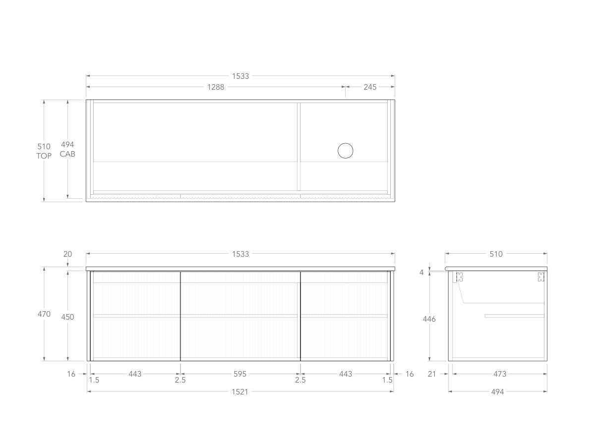 Technical Drawing - Kado Neue Fluted Square All Door 1500mm Wall Hung Vanity with Right Hand Basin 20mm Top