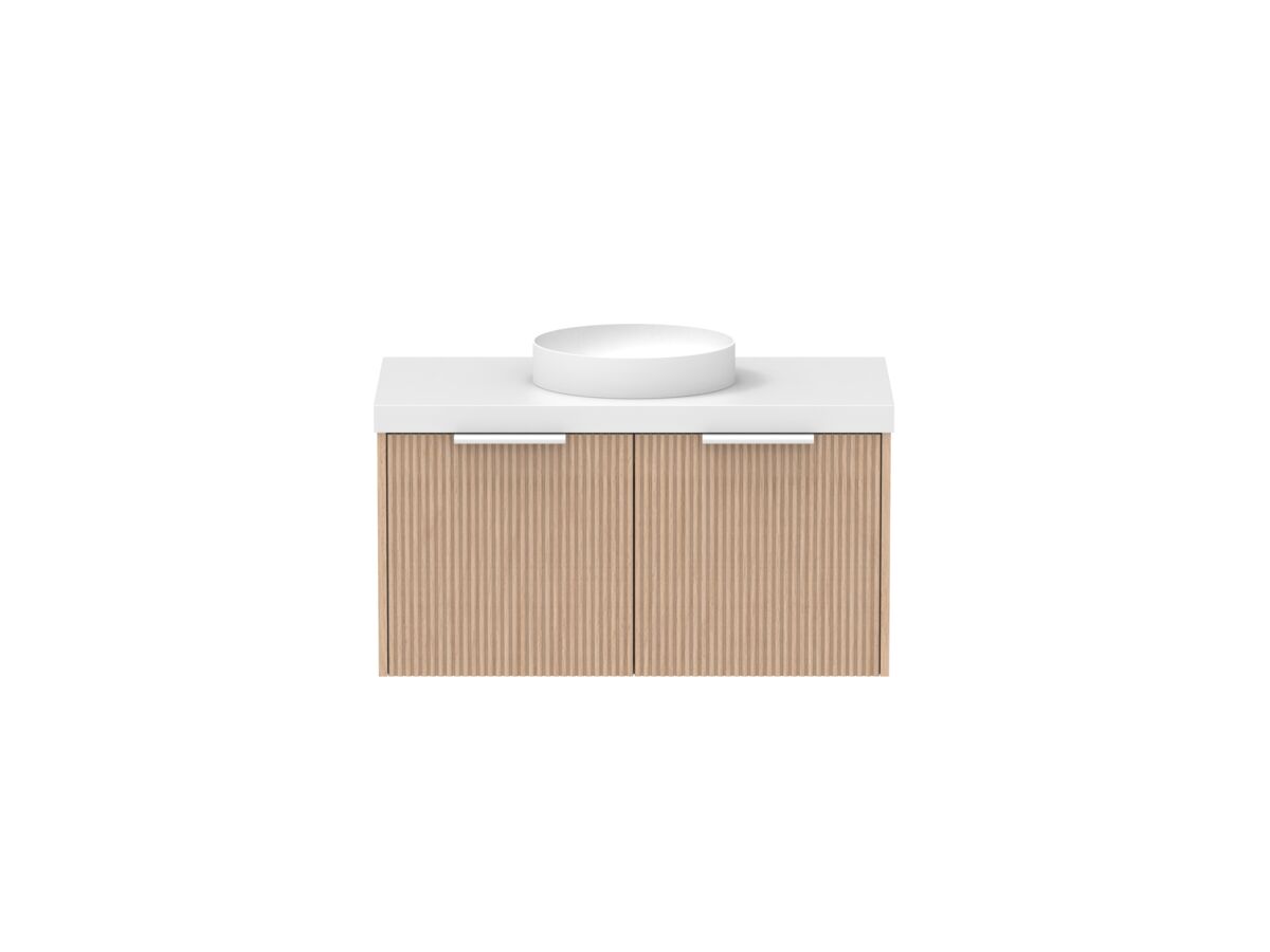 Supporting Image - Kado Neue Fluted Square All Drawer 900mm Wall Hung Vanity with Centre Basin 50mm Top Blonde Oak