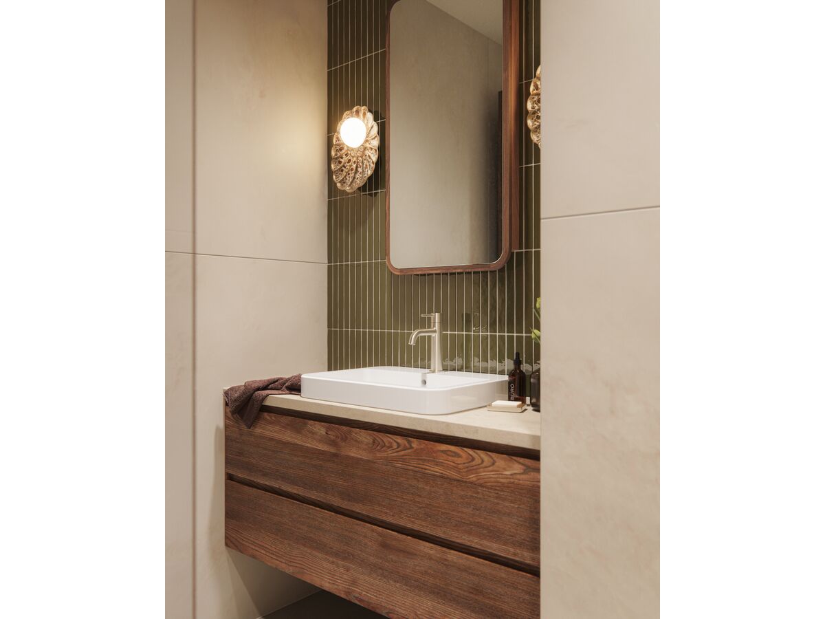In Situ - Mizu Drift Basin Mixer Curved Spout Brushed Nickel (6 Star) Lead Free and Roca The Gap Semi Inset Basin 550mm x 410mm 1 Taphole White