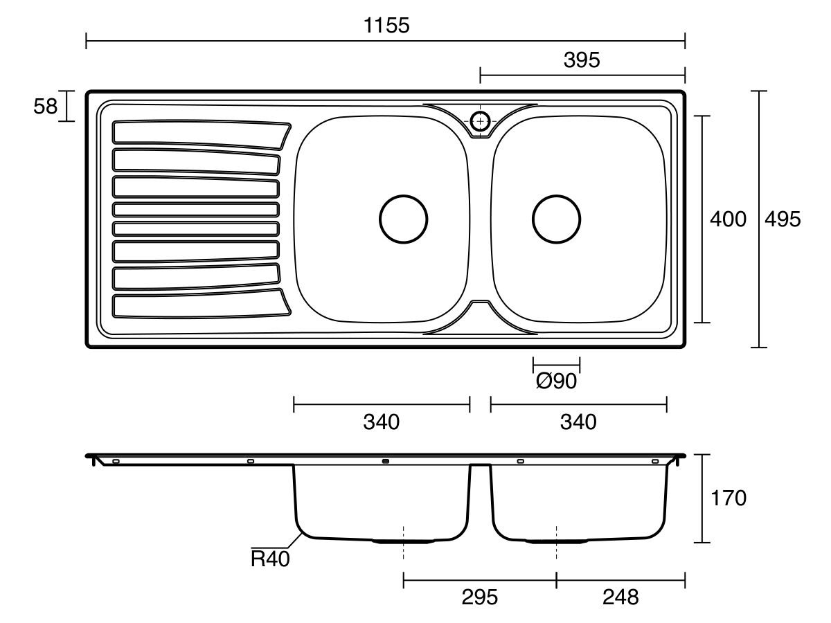 Technical Drawing - Posh Bristol Double Bowl Sink 1 Taphole Right Hand Bowl with Drainer Stainless Steel