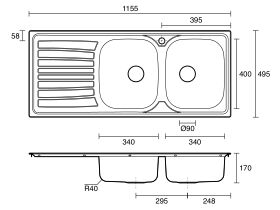 Technical Drawing - Posh Bristol Double Bowl Sink 1 Taphole Right Hand Bowl with Drainer Stainless Steel