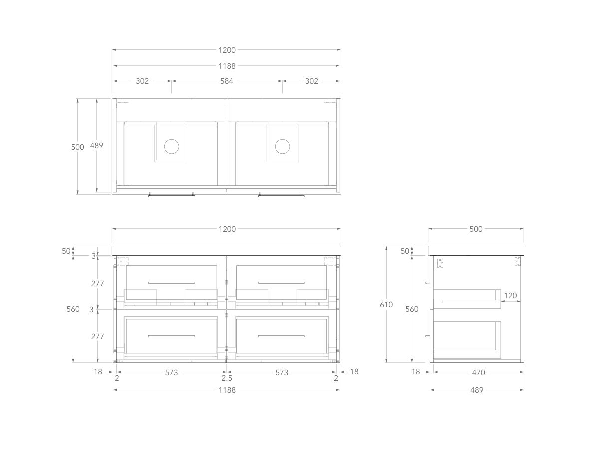 Technical Drawing - Kado Lux 1200mm All Drawer Wall Hung Vanity Unit 4 Drawers Double Bowl Vanity 50mm Top