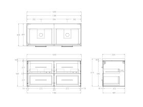 Technical Drawing - Kado Lux 1200mm All Drawer Wall Hung Vanity Unit 4 Drawers Double Bowl Vanity 50mm Top