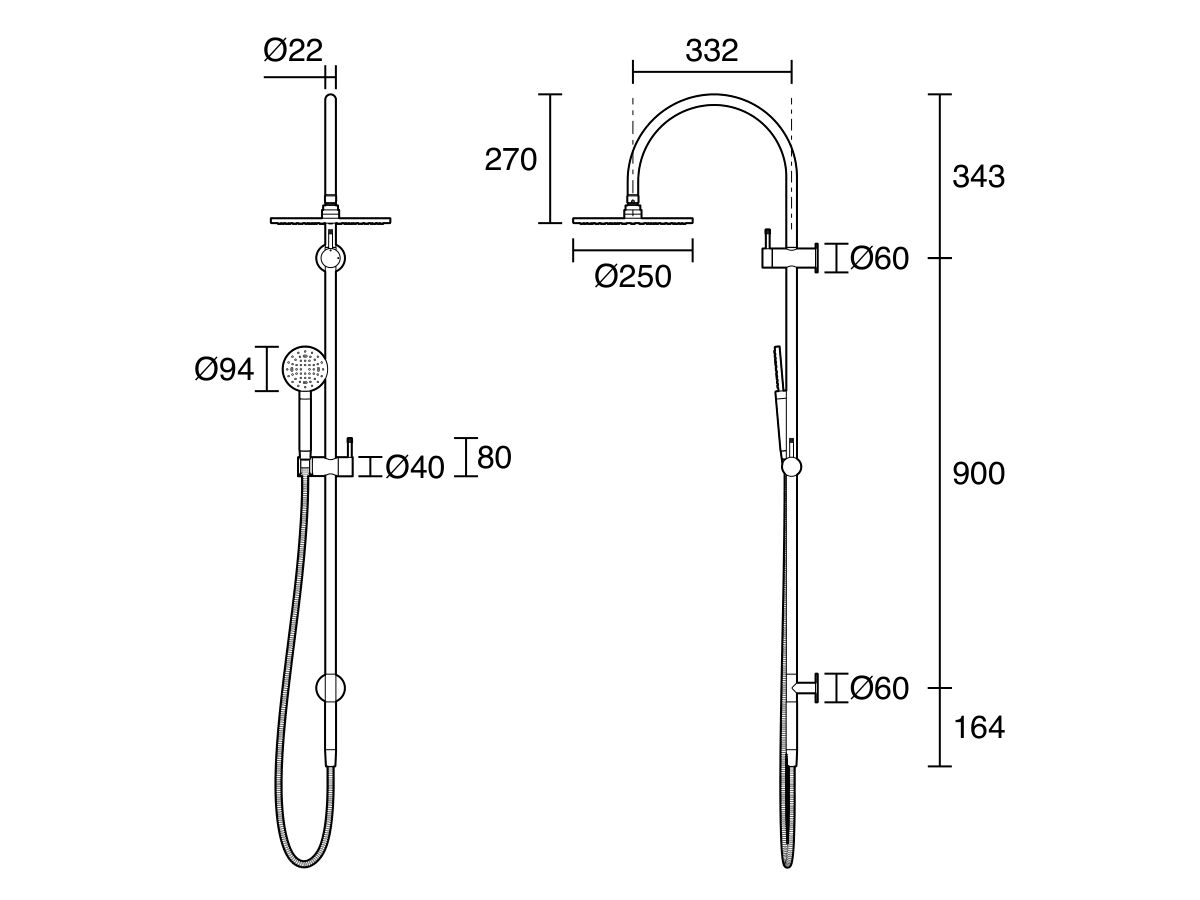Technical Drawing - Sussex Scala Nova Twin Rail Shower