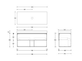 Technical Drawing - Posh Domaine 1200mm Wall Hung Vanity Unit All-Drawer Open Shelf Single Bowl 90mm Top
