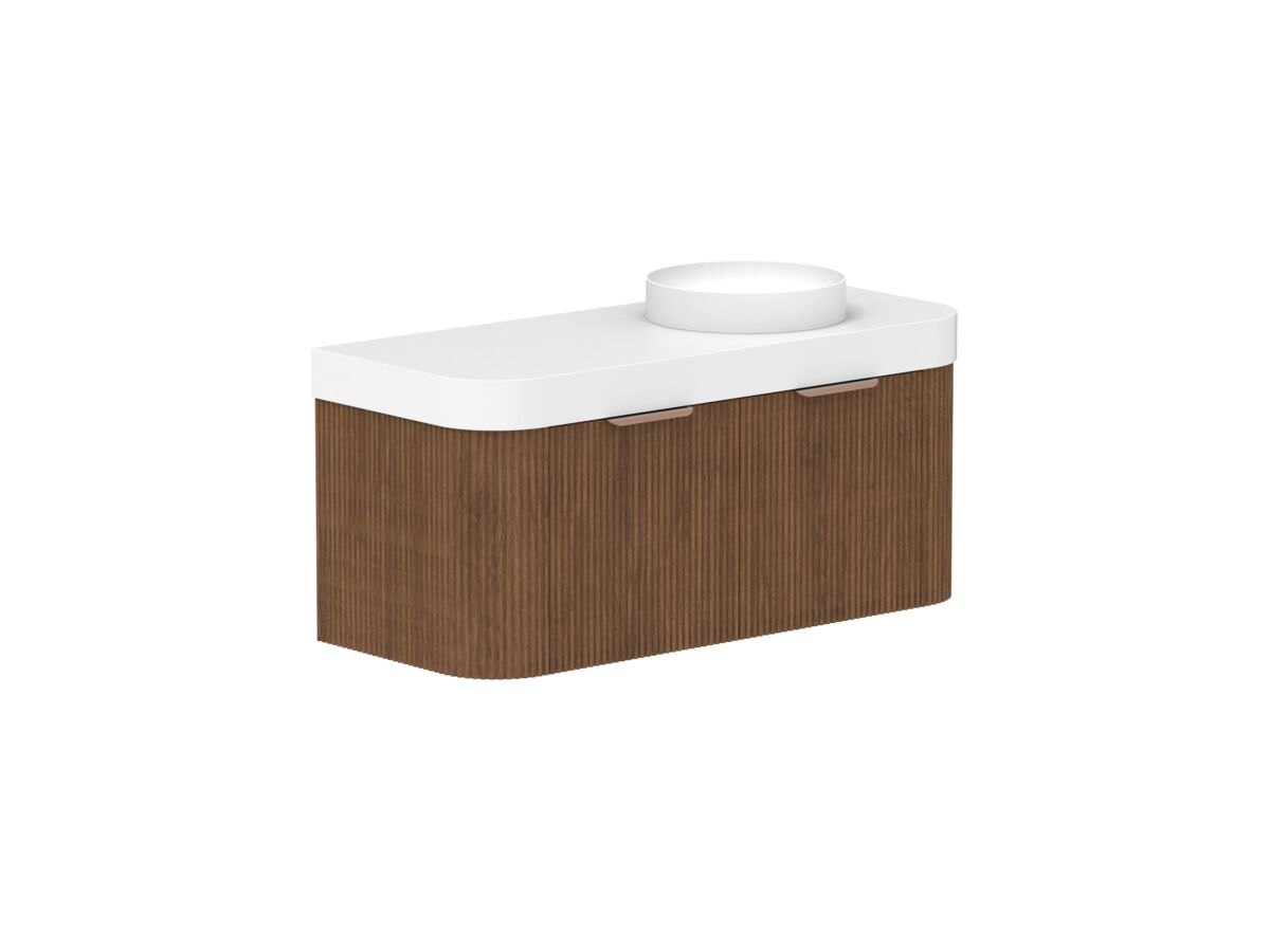 Supporting Image - Kado Neue Fluted Double Curve All Drawer 1200mm Wall Hung Vanity with Right Hand Basin Durasein 90mm Top Florentine Walnut