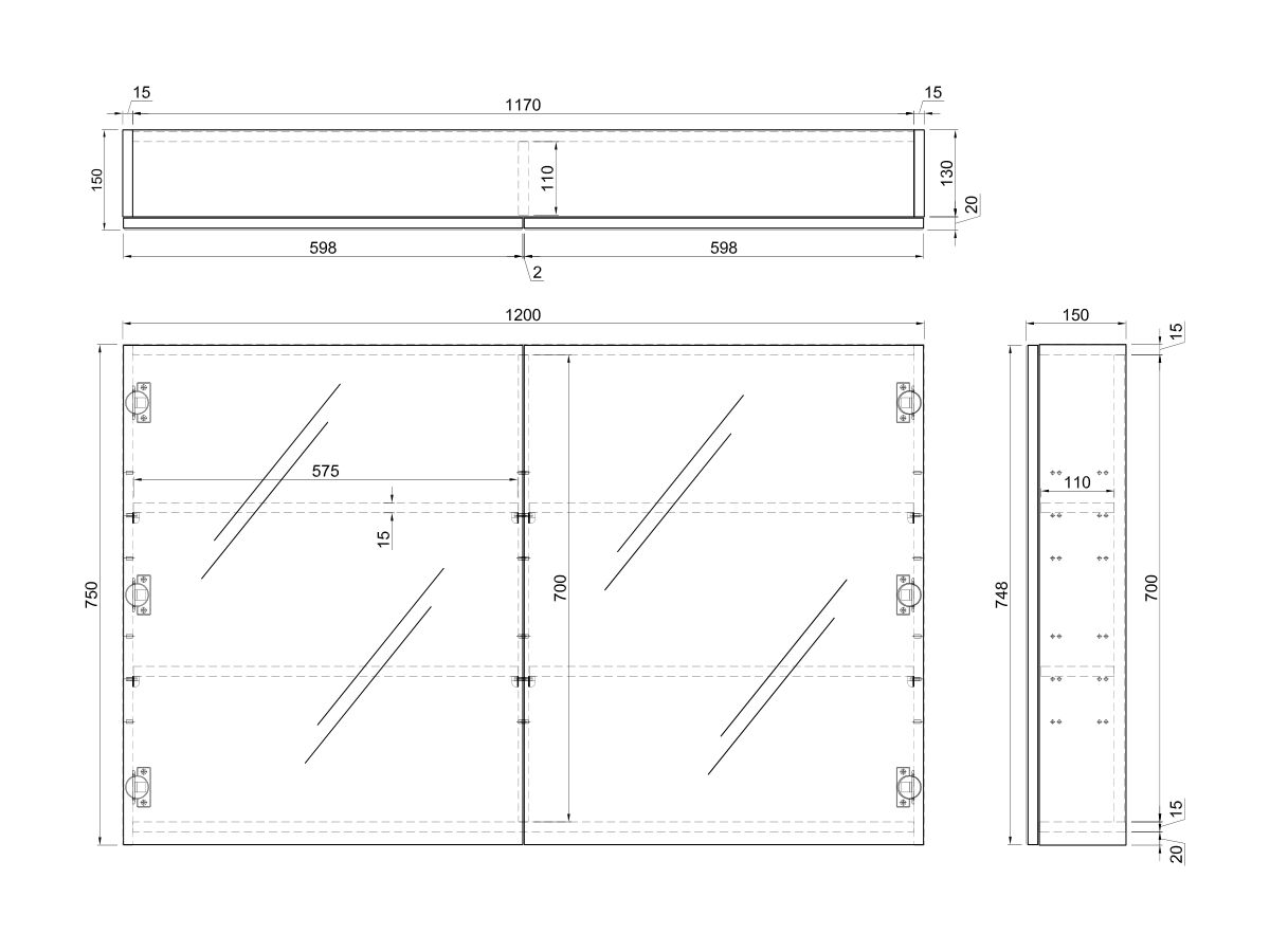 Posh Bristol MK2 1200mm Mirror Cabinet 2 Door White
