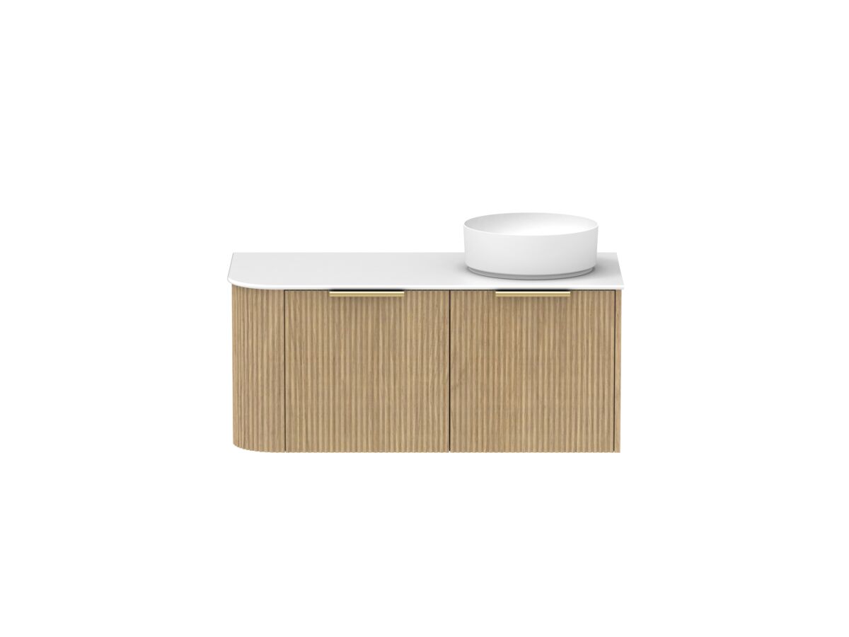 Supporting Image - Kado Neue Fluted Single Curve All Drawer 1050mm Wall Hung Vanity with Right Hand Basin Durasein 12mm Top Boston Oak