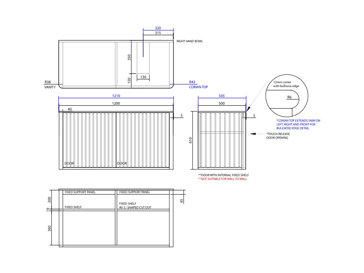 ISSY Cloud I 1200mm x 500mm x 610mm Wall Hung Vanity Unit 2 Touch Latch Doors Semi Inset (No Basin)