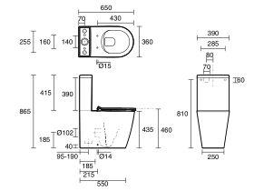 Technical Drawing - Kado Lux Close Coupled Back To Wall Rimless Overheight Back Inlet Toilet Suite with Thin Soft Close Quick Release Seat White (4 Star)