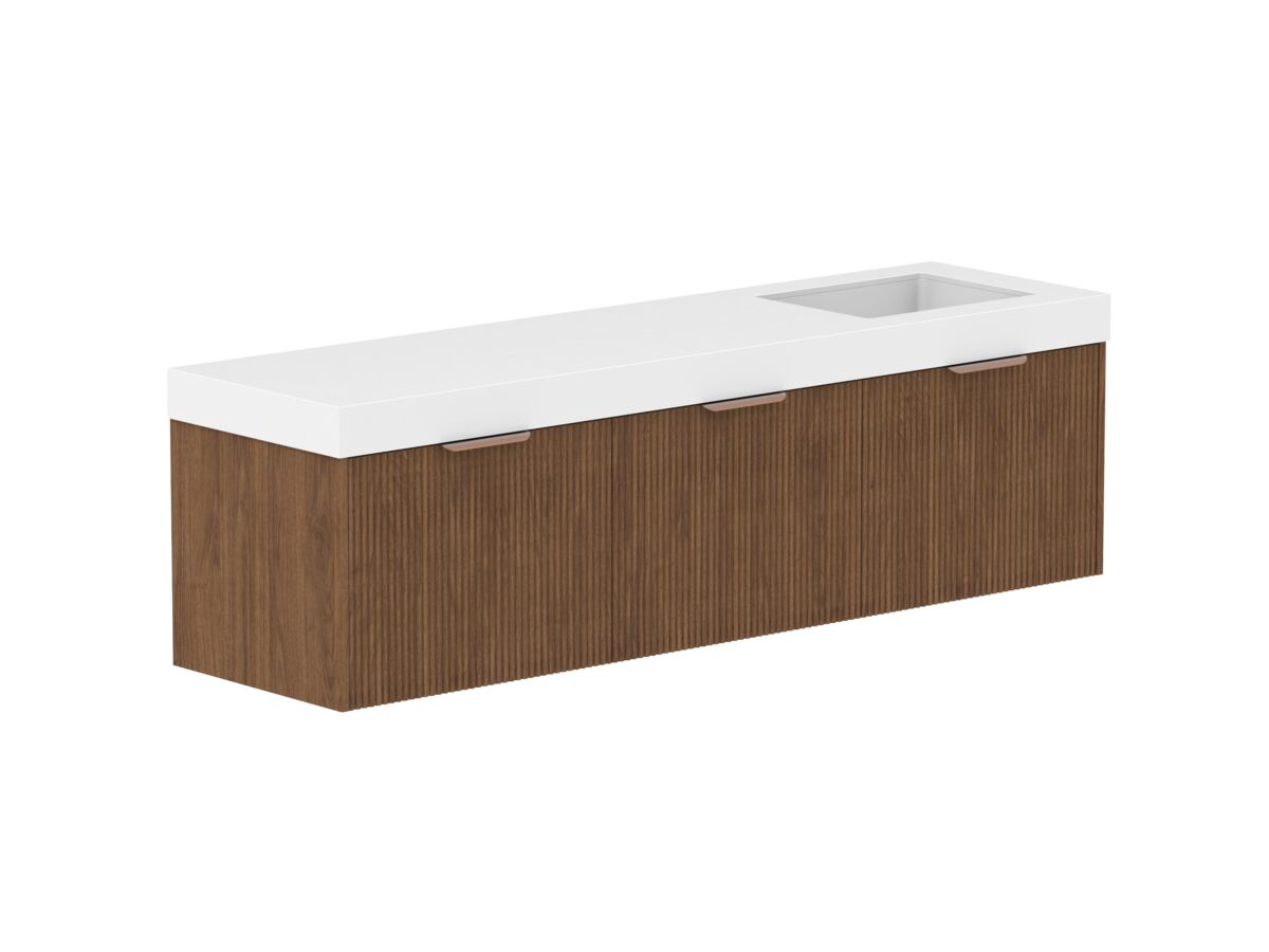 Hero - Kado Neue Fluted Square All Drawer 1800mm Wall Hung Vanity with Right Hand Basin 90mm Top Florentine Walnut