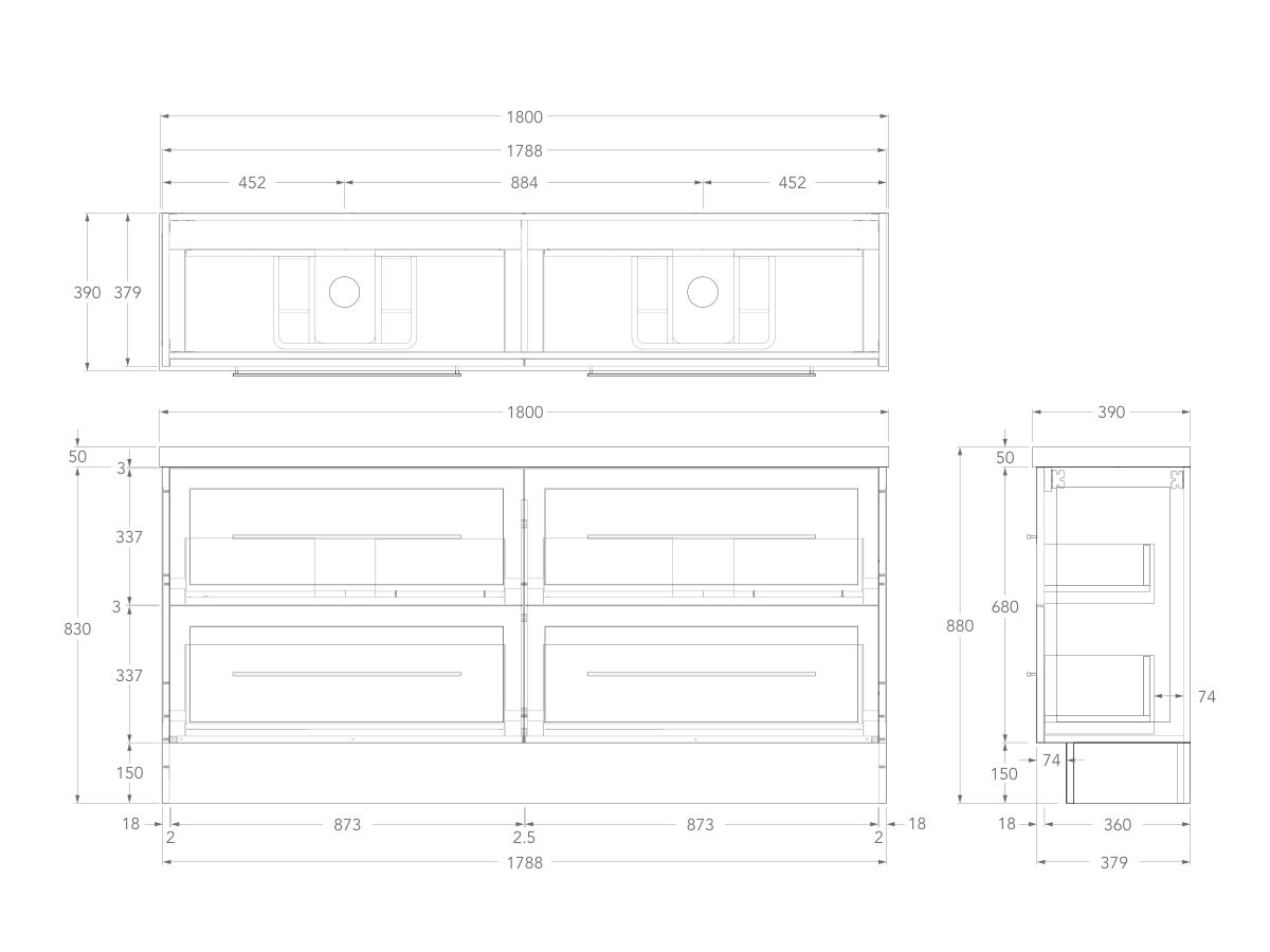 Technical Drawing - Kado Lux Ensuite All Drawer Twin 1800mm Floor Mount Double Basin 50mm Top