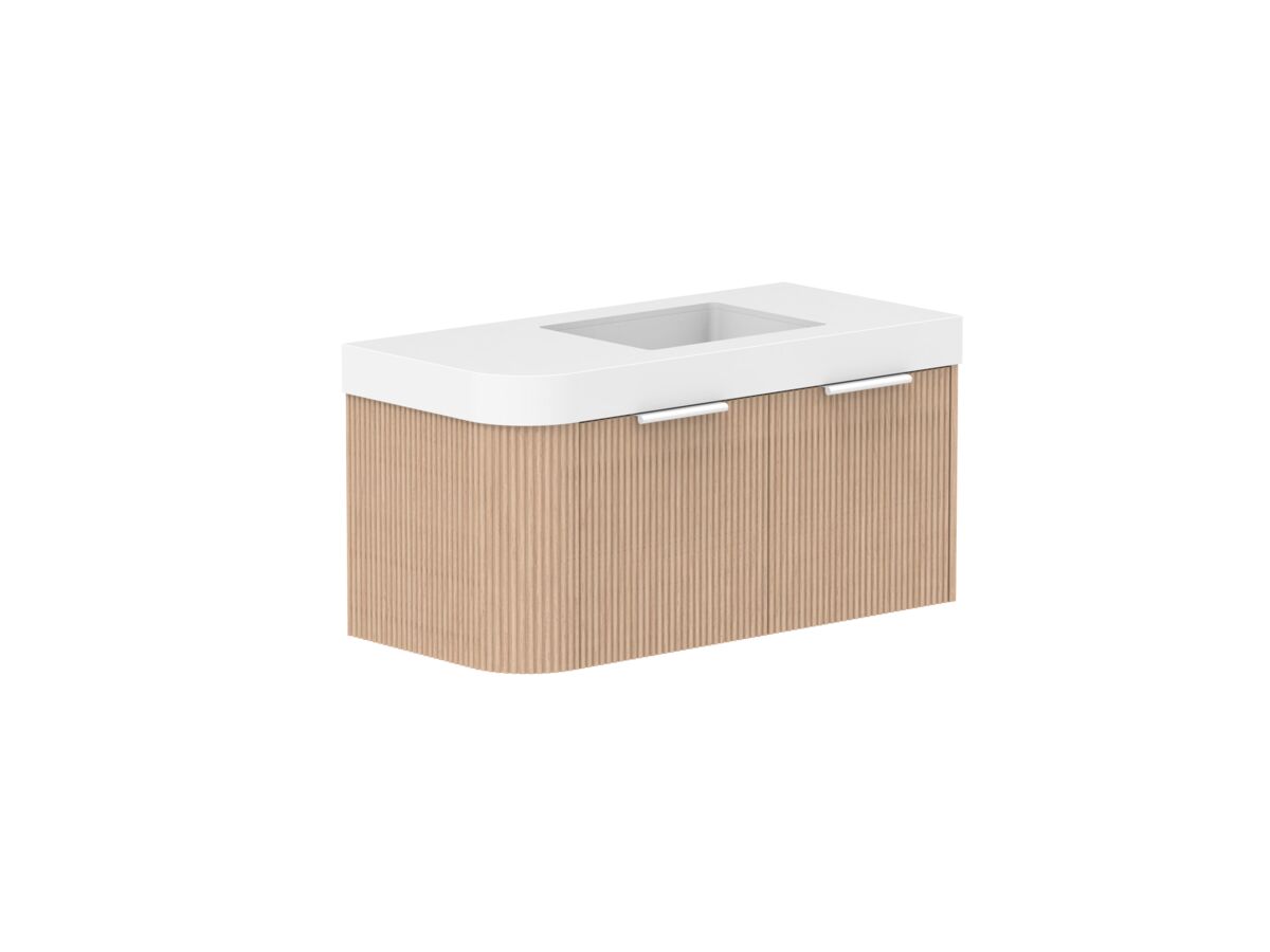 Supporting Image 2- Kado Neue Fluted Single Curve All Drawer 1050mm Wall Hung Vanity with Centre Basin Durasein 90mm Top Blonde Oak