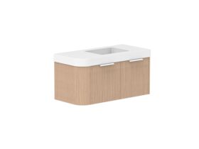 Supporting Image 2- Kado Neue Fluted Single Curve All Drawer 1050mm Wall Hung Vanity with Centre Basin Durasein 90mm Top Blonde Oak