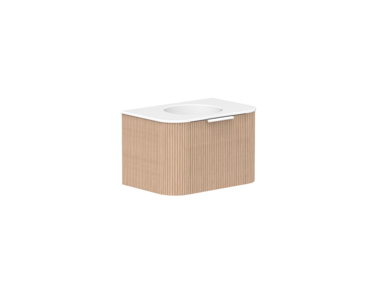 Supporting Image 2 - Kado Neue Fluted Double Curve 750mm Wall Hung Vanity Centre Basin Matte White Ceramic Top Blonde Oak