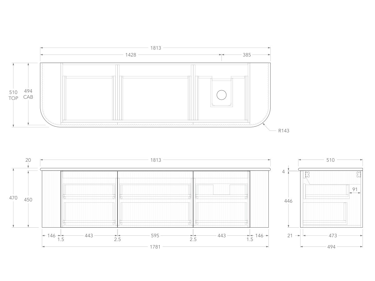 Technical Drawing - Kado Neue Fluted Double Curve All Drawer 1800 Wall Hung Vanity with Right Hand Basin 20mm