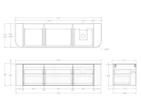 Technical Drawing - Kado Neue Fluted Double Curve All Drawer 1800 Wall Hung Vanity with Right Hand Basin 20mm