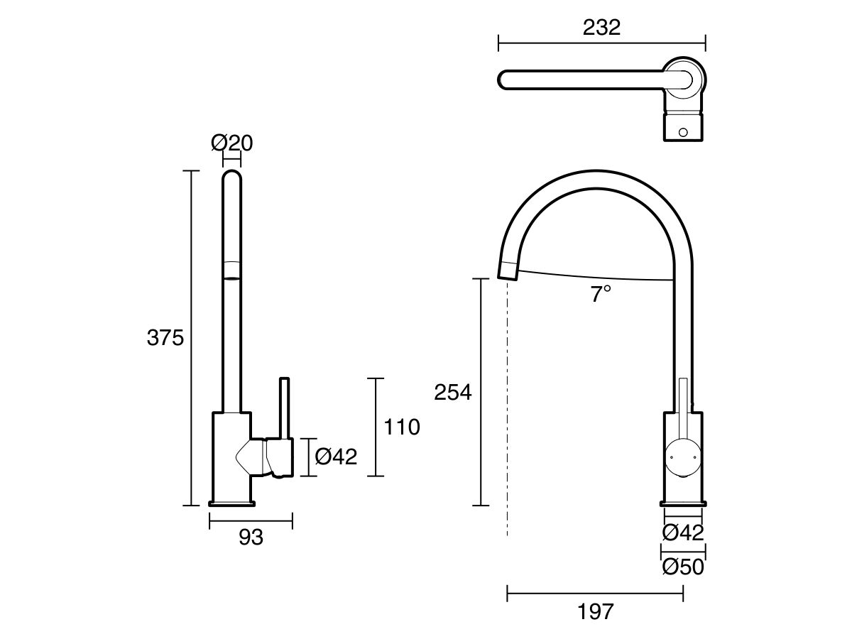 Technical Drawing - Posh Bristol Pin Gooseneck Sink Mixer Tap (4 Star) Lead Free