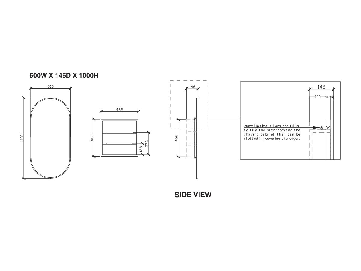 ISSY Blossom 500 x 1000mm Mirror with Shaving Cabinet (Recessed)