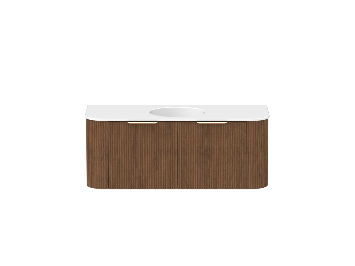 Hero - Kado Neue Fluted Double Curve 1200mm Wall Hung Vanity Centre Basin Matte White Ceramic Top Florentine Walnut