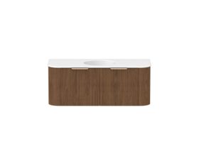 Hero - Kado Neue Fluted Double Curve 1200mm Wall Hung Vanity Centre Basin Matte White Ceramic Top Florentine Walnut