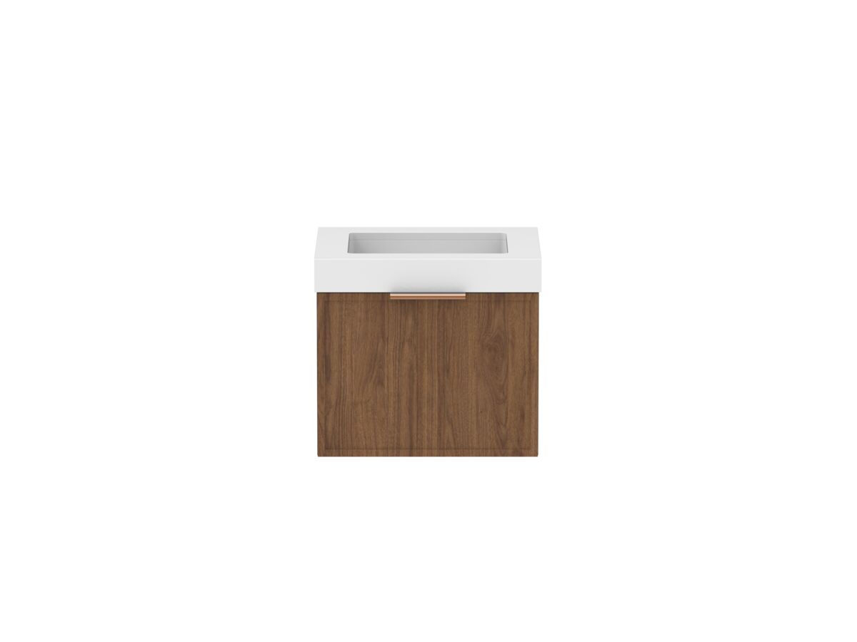 Supporting Image - Kado Lux Slim All Drawer 600mm Wall Hung Vanity with Centre Basin 90mm Top Florentine Walnut