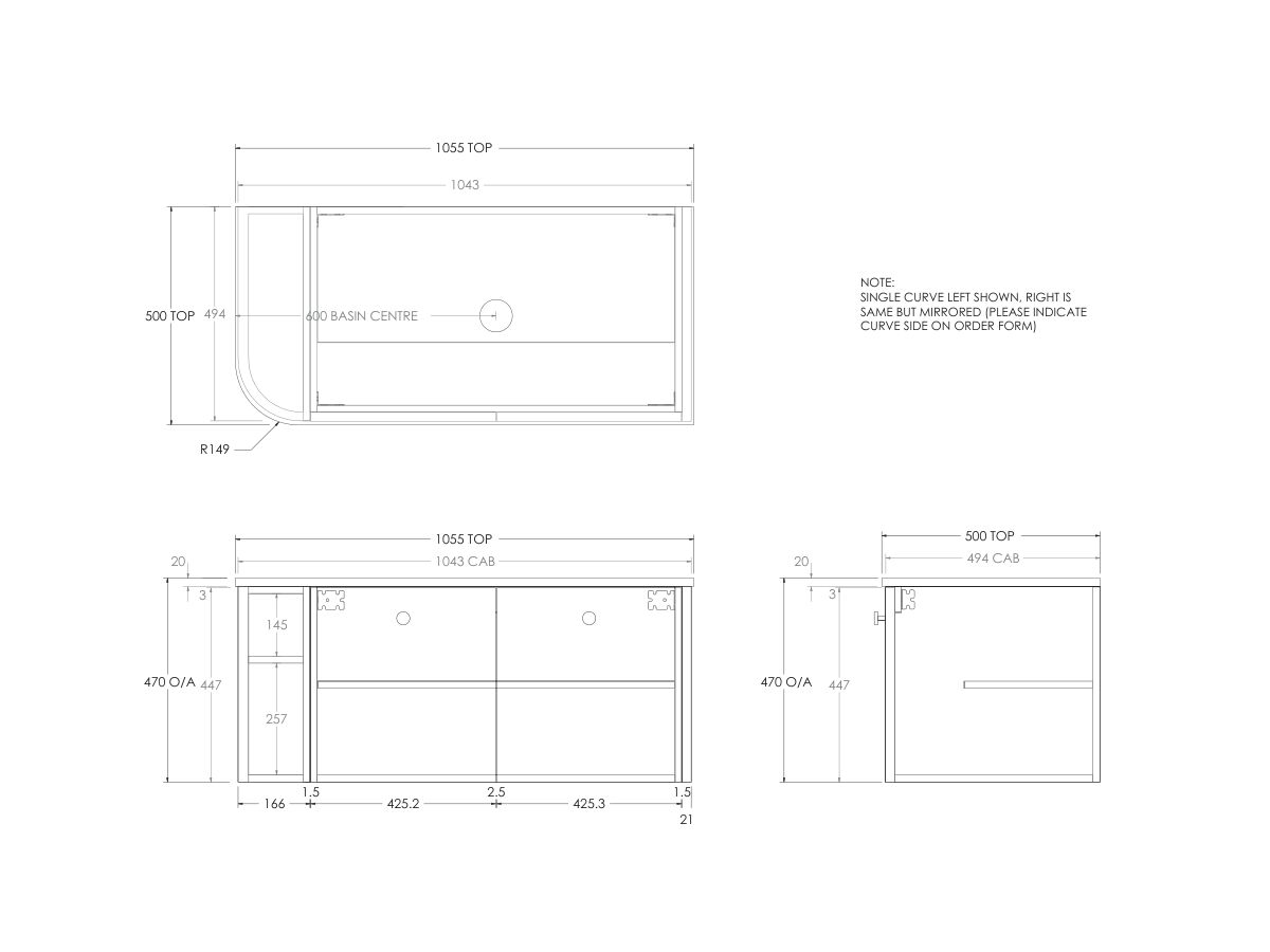 Technical Drawing - Kado Era Single Curve All Door 1050mm Wall Hung Vanity with Centre Basin 20mm Top