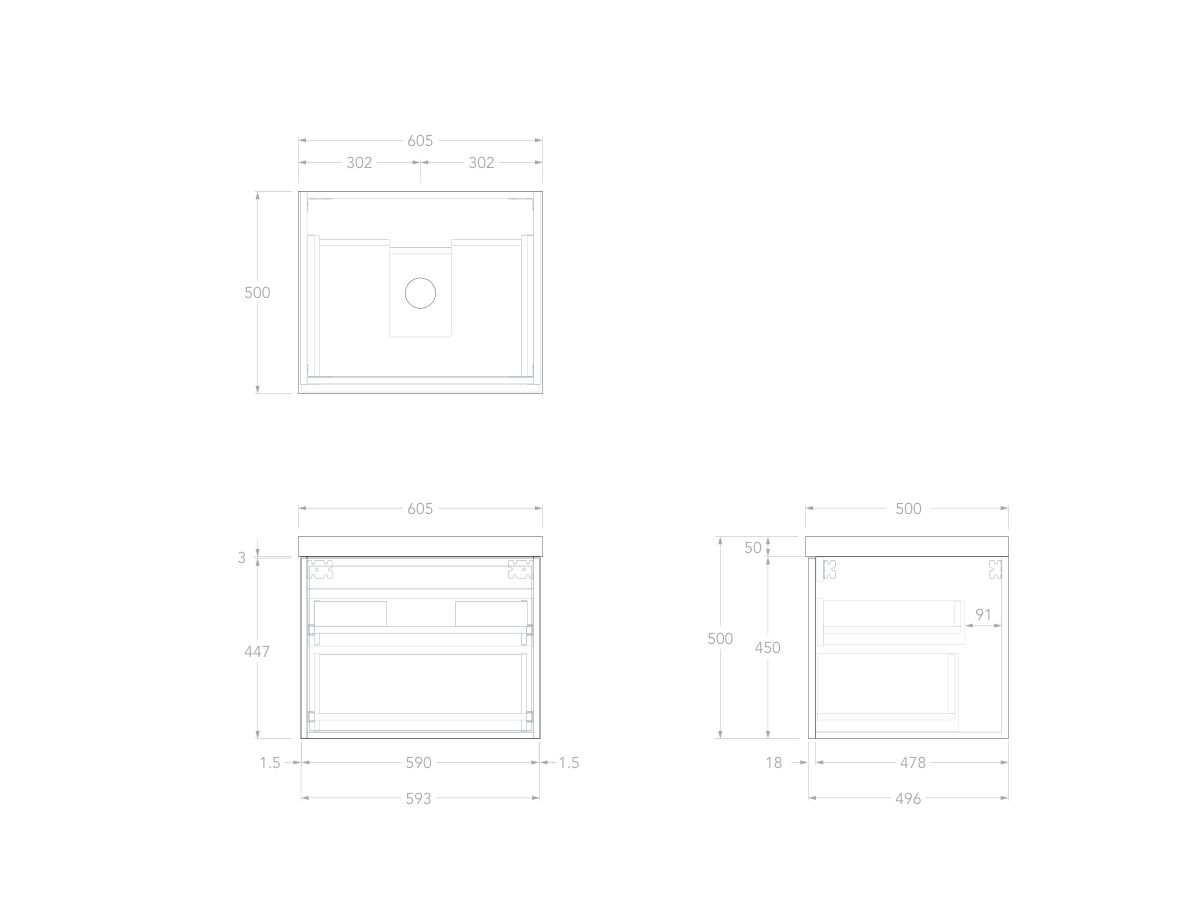 Technical Drawing - Kado Lux Slim All Drawer 600mm Wall Hung Vanity with Centre Basin 50mm Top