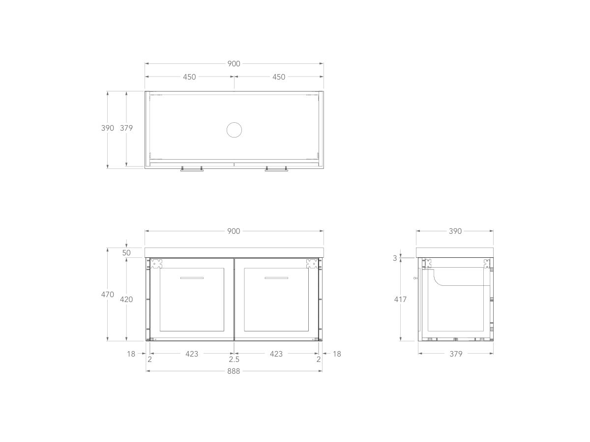 Technical Drawing - Kado Lux Ensuite All Door 900mm Wall Hung Centre Basin 50mm Top