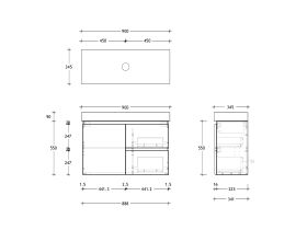 Technical Drawing - Posh Domaine 900mm Ensuite Wall Hung Vanity Unit 90mm Top