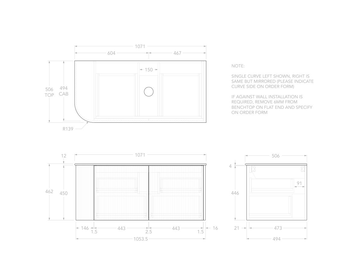 Technical Drawing - Kado Neue Fluted Single Curve All Drawer 1050mm Wall Hung Vanity with Centre Basin Durasein 12mm Top