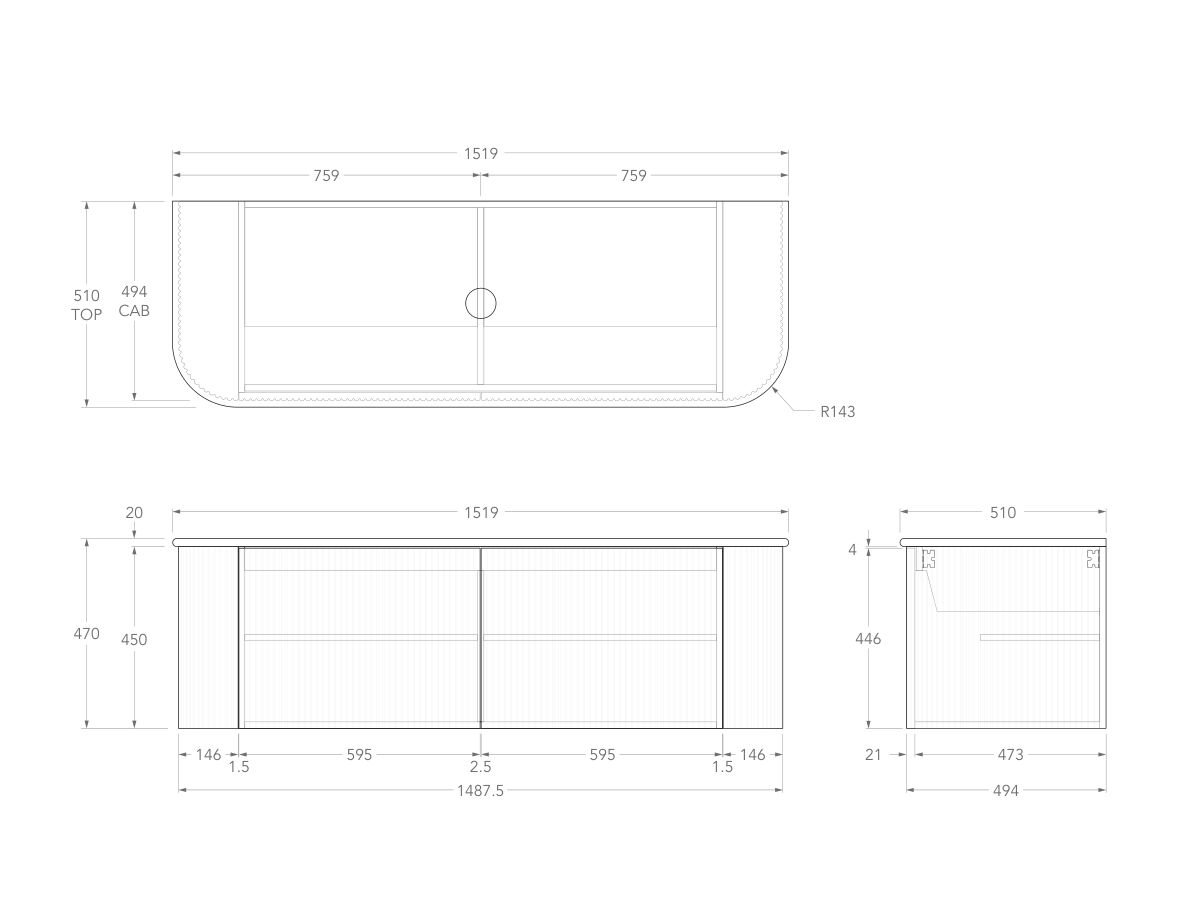 Technical Drawing - Kado Neue Fluted Double Curve All Door 1500mm Wall Hung Vanity with Centre Basin 20mm Top