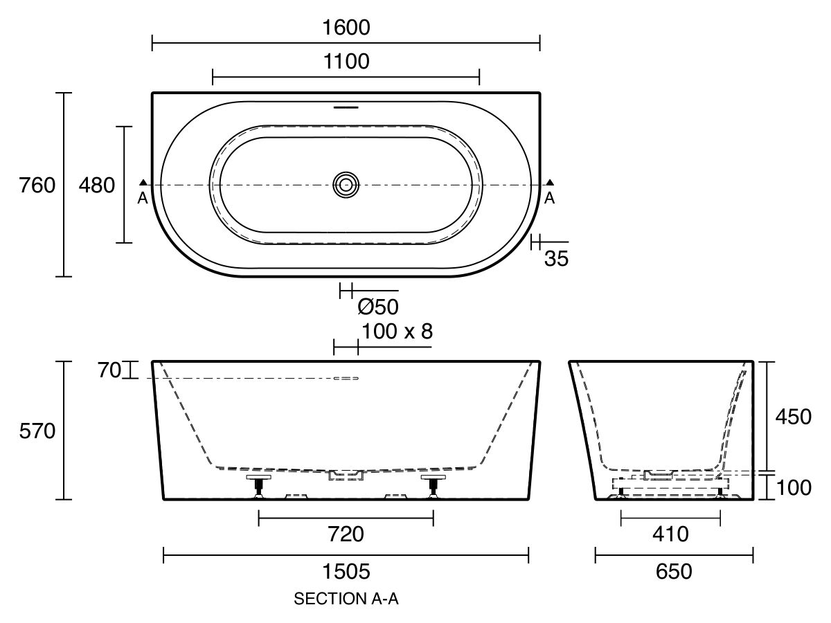 Technical Drawing - Posh Solus Back to Wall Freestanding Bath 1600mm with Overflow