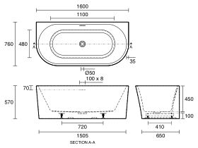 Technical Drawing - Posh Solus Back to Wall Freestanding Bath 1600mm with Overflow