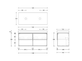 Technical Drawing - Posh Domaine 1200mm Wall Hung Vanity Unit All-Drawer Open Shelf Double Bowl 90mm Top