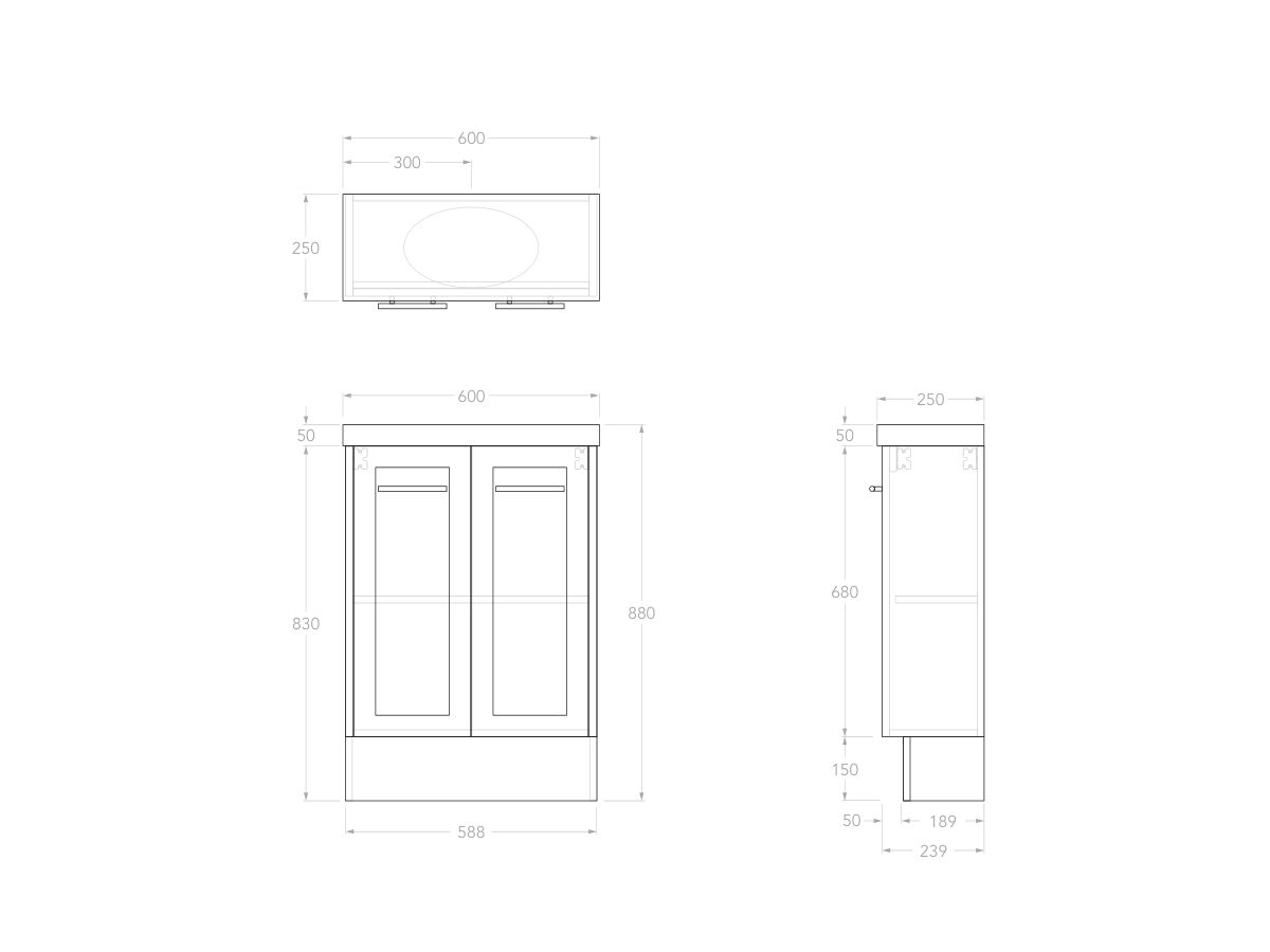Technical Drawing - Kado Lux Petite Vanity Unit Floor Mount 600mm Centre Bowl 50mm Top (Basin Included)