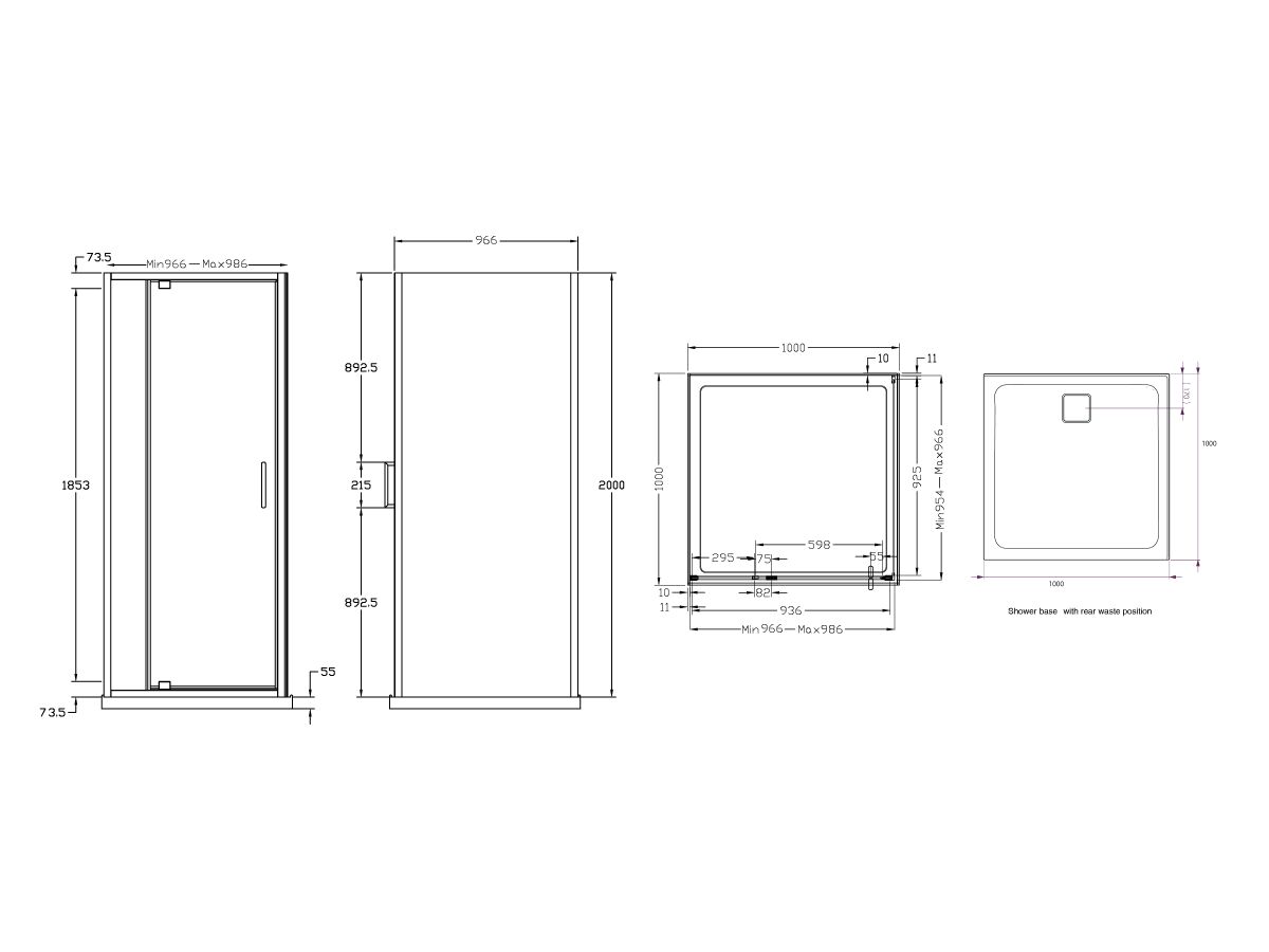 Posh Bristol Luna Shower Base & Shower Screen with Rear Outlet 1000mm x 1000mm White & Chrome
