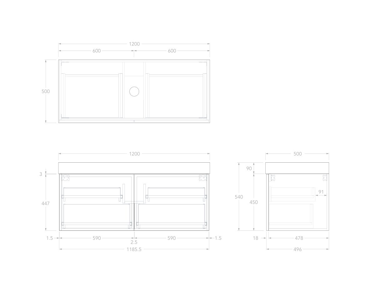 Technical Drawing - Kado Lux Slim All Drawer 1200mm Wall Hung Vanity with Centre Basin 90mm Top