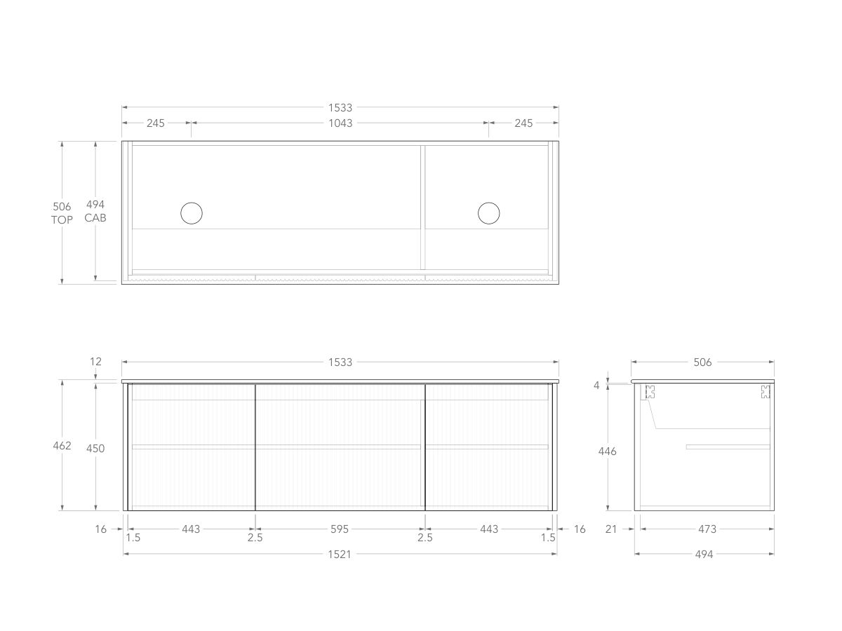 Technical Drawing - Kado Neue Fluted Square All Door 1500mm Wall Hung Vanity with Double Basin Durasein 12mm Top