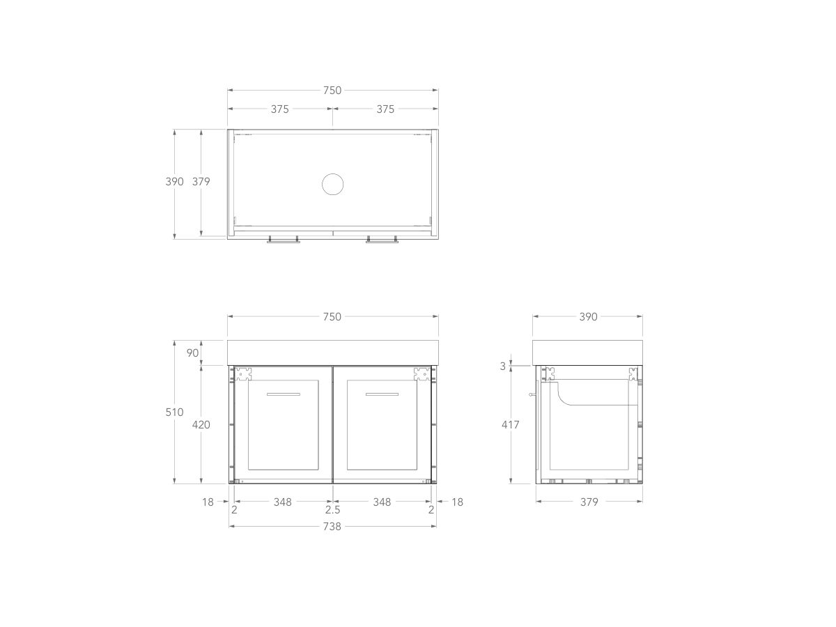 Technical Drawing - Kado Lux Ensuite All Door 750mm Wall Hung Centre Basin 90mm Top