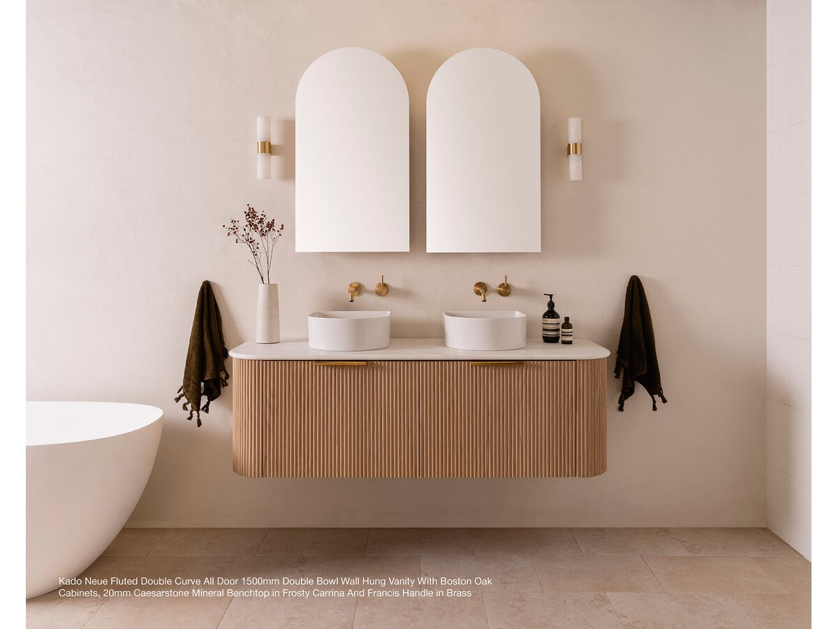 Kado Neue Fluted Double Curve All Door 1500mm Double Bowl Wall Hung vanity with Boston Oak cabinets, 20mm Caesarstone Mineral benchtop in Frosty Carrina and Francis handle in Brass