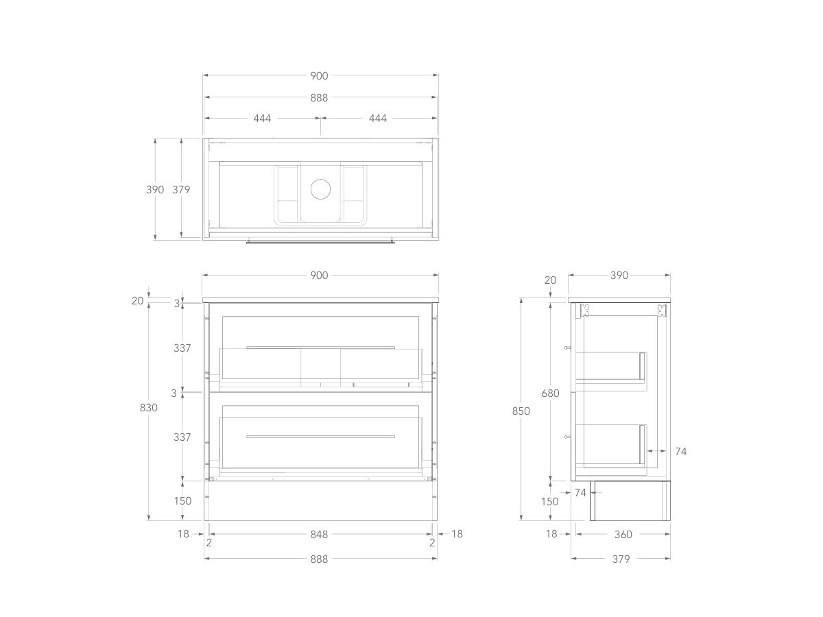 Technical Drawing - Kado Lux Ensuite All Drawer Twin 900mm Floor Mount Centre Basin 20mm Top