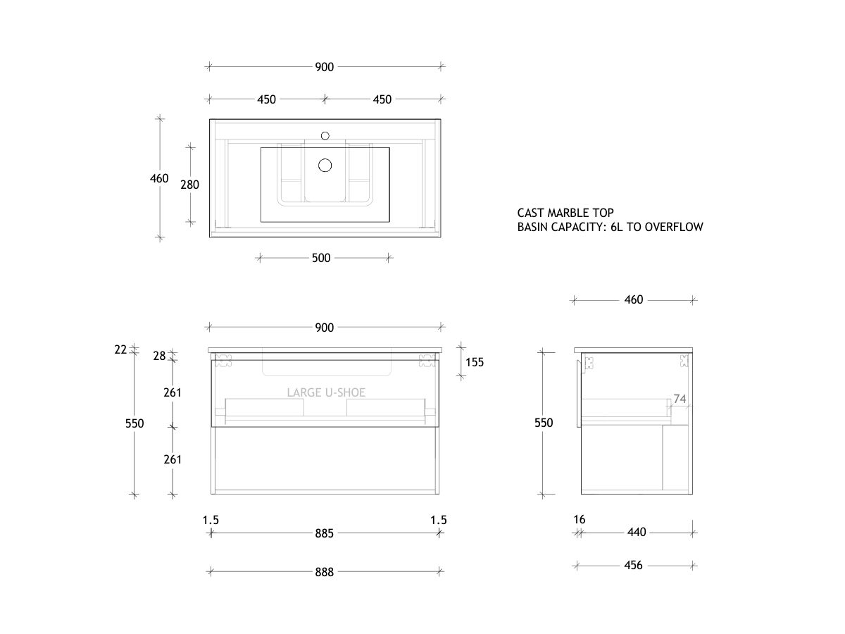 Posh Domaine Open Shelf All-Drawer 900mm Wall Hung Vanity Cast Marble Top Centre Basin
