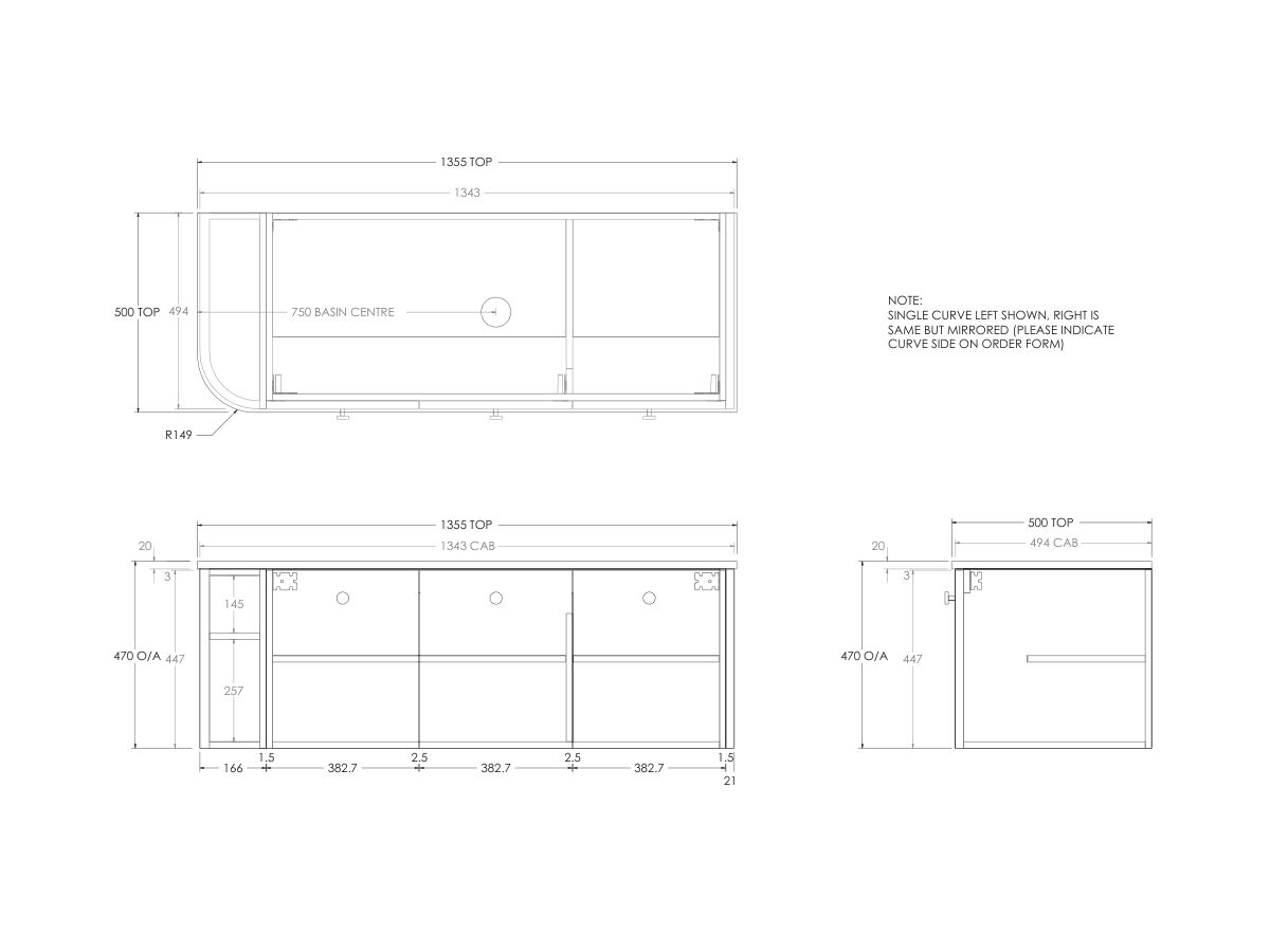 Technical Drawing - Kado Era Single Curve All Door 1350mm Wall Hung Vanity with Centre Basin 20mm Top