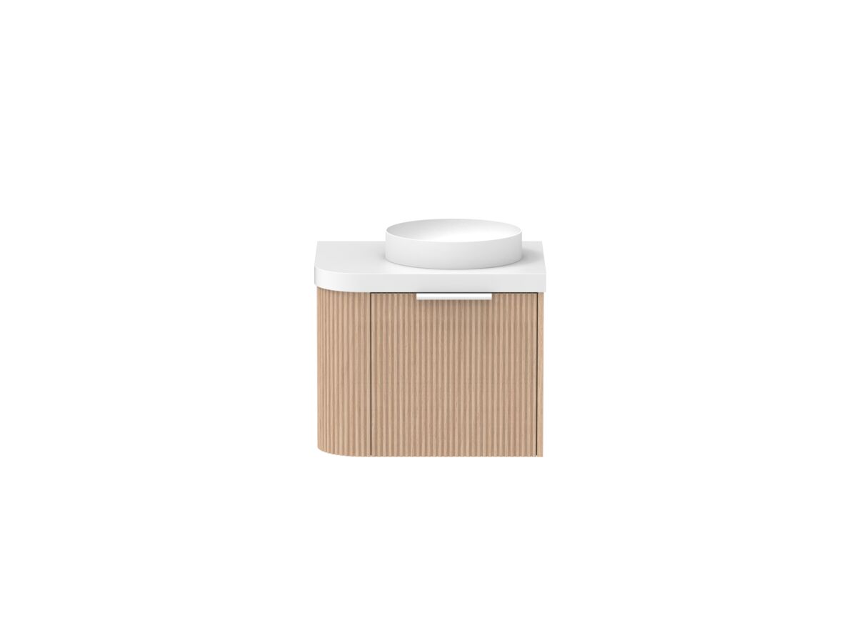 Supporting Image - Kado Neue Fluted Single Curve All Drawer 600mm Wall Hung Vanity with Centre Basin Durasein 50mm Top Blonde Oak