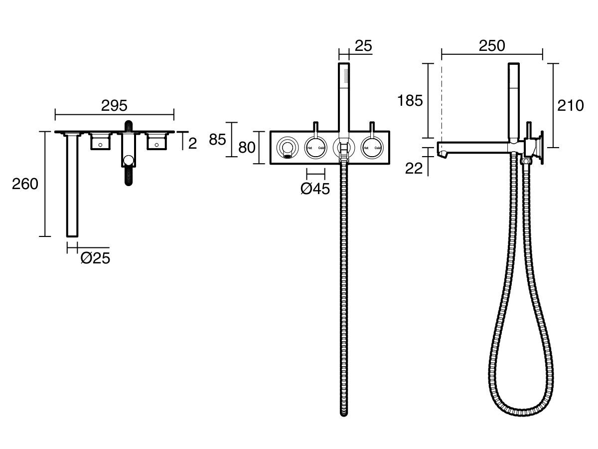 Sussex Scala Bath Mixer Tap System Straight 250mm Outlet Right Hand Operation with Handshower