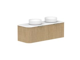 Supporting Image 2- Kado Neue Fluted Single Curve All Drawer 1350mm Wall Hung Vanity with Double Basin 20mm Top Boston Oak