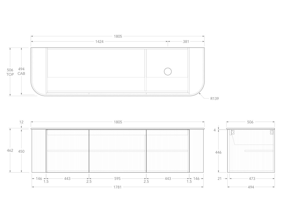 Technical Drawing - Kado Neue Fluted Double Curve All Door 1800mm Wall Hung Vanity with Right Hand Basin Durasein 12mm Top