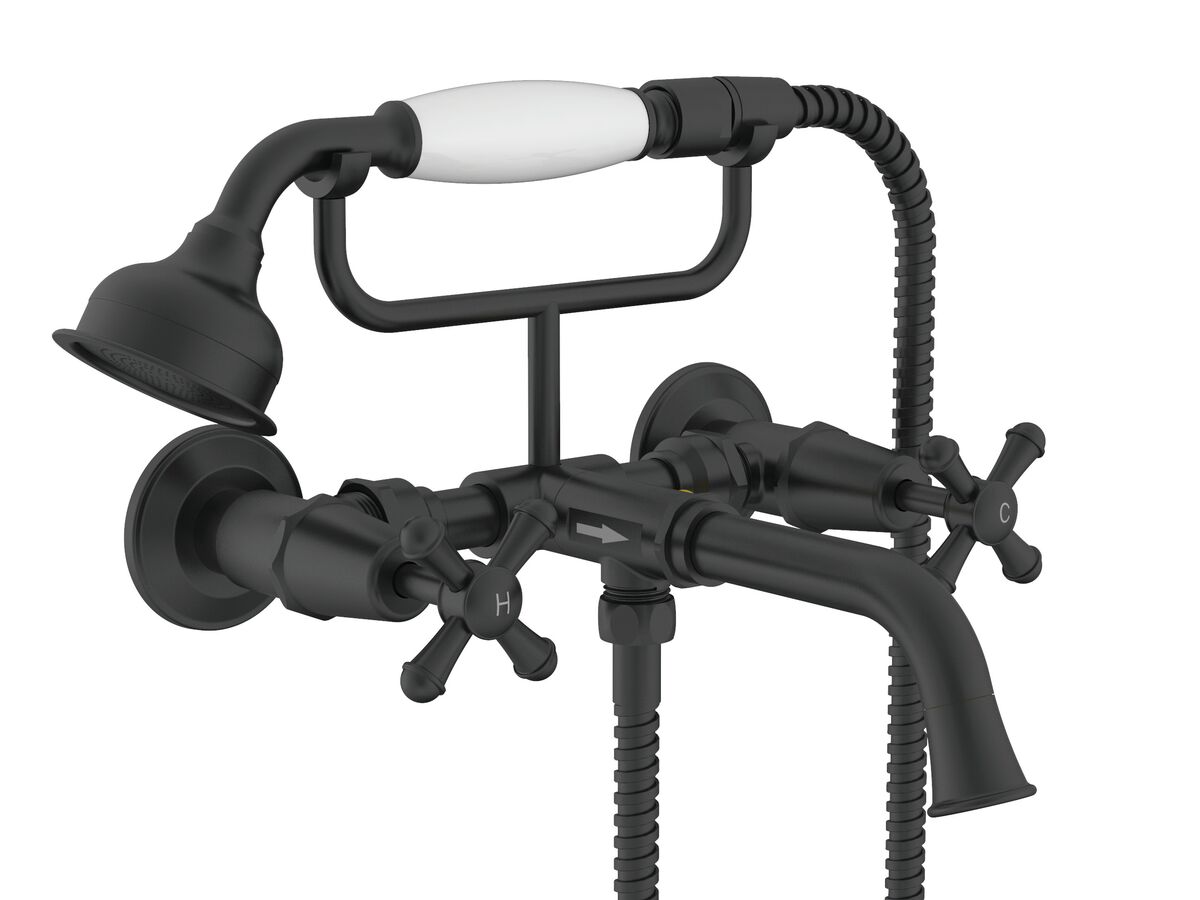 Hero - Posh Canterbury Wall Telephone Bath Set Cross Handles Matte Black (3 Star)