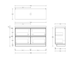 Technical Drawing - Posh Domaine All-Drawer Twin 1500mm Floor Mounted Vanity Unit Single Bowl 90mm Top